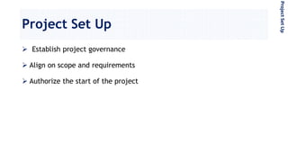 Project Set Up
 Establish project governance
 Align on scope and requirements
 Authorize the start of the project
ProjectSetUp
 