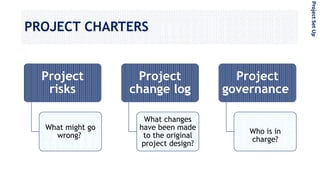 PROJECT CHARTERS
Project
risks
What might go
wrong?
Project
change log
What changes
have been made
to the original
project design?
Project
governance
Who is in
charge?
ProjectSetUp
 
