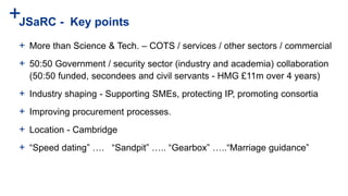 +JSaRC - Key points
+ More than Science & Tech. – COTS / services / other sectors / commercial
+ 50:50 Government / security sector (industry and academia) collaboration
(50:50 funded, secondees and civil servants - HMG £11m over 4 years)
+ Industry shaping - Supporting SMEs, protecting IP, promoting consortia
+ Improving procurement processes.
+ Location - Cambridge
+ “Speed dating” …. “Sandpit” ….. “Gearbox” …..“Marriage guidance”
 