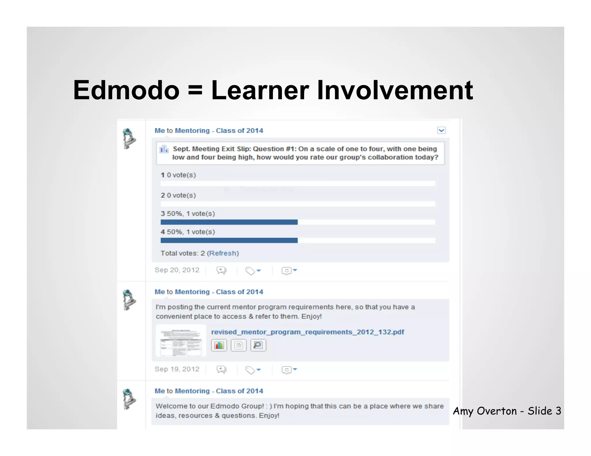 Edmodo = Learner Involvement




                          Amy Overton - Slide 3
 