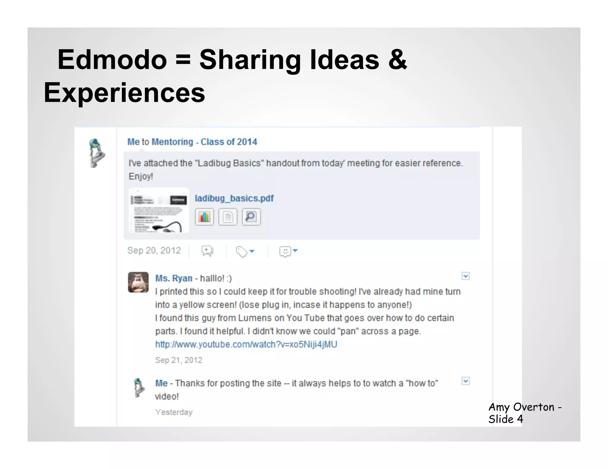 Edmodo = Sharing Ideas &
Experiences




                            Amy Overton -
                            Slide 4
 