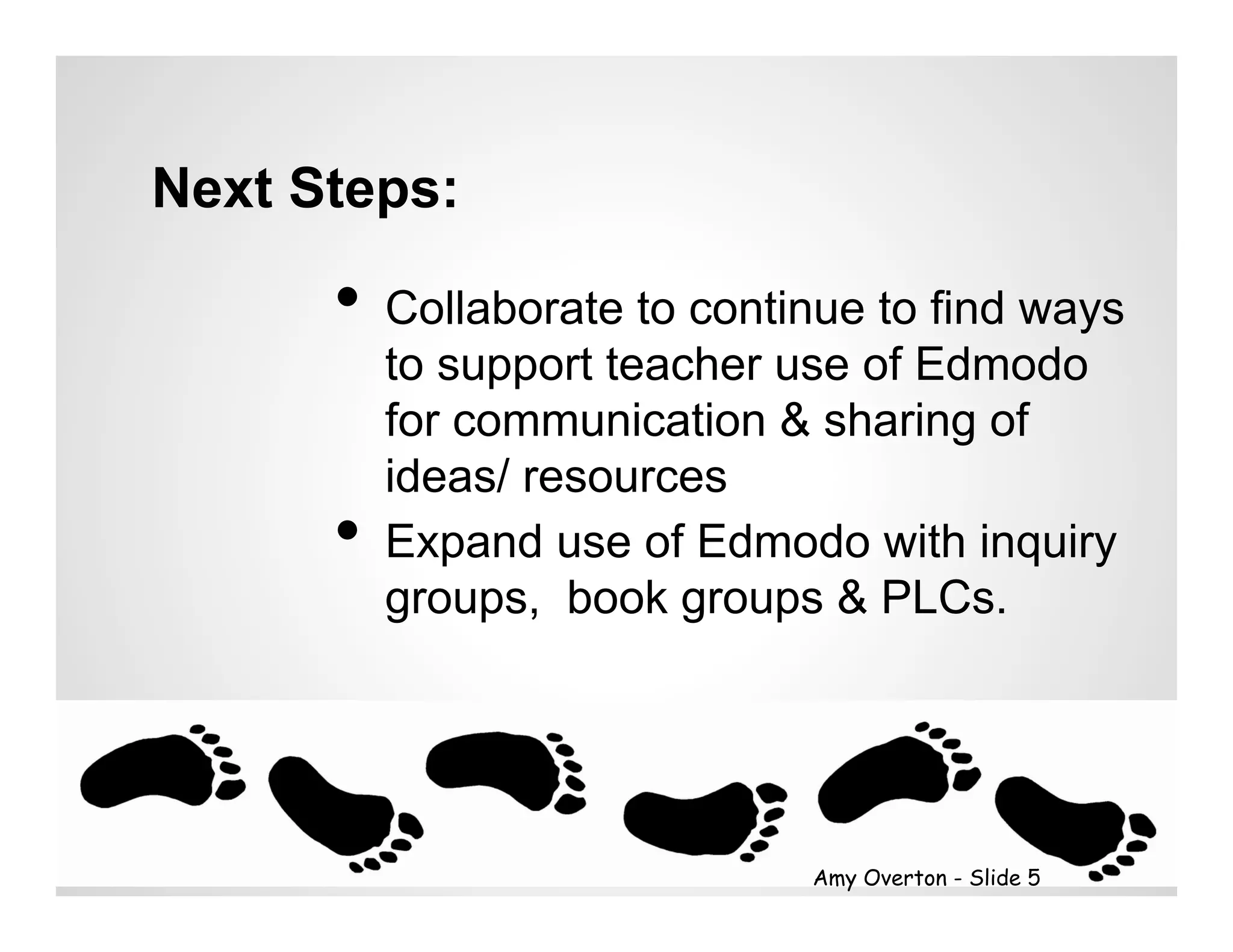 Next Steps:

      •  Collaborate to continue to find ways
           to support teacher use of Edmodo
           for communication & sharing of
           ideas/ resources
      •    Expand use of Edmodo with inquiry
           groups, book groups & PLCs.




                              Amy Overton - Slide 5
 