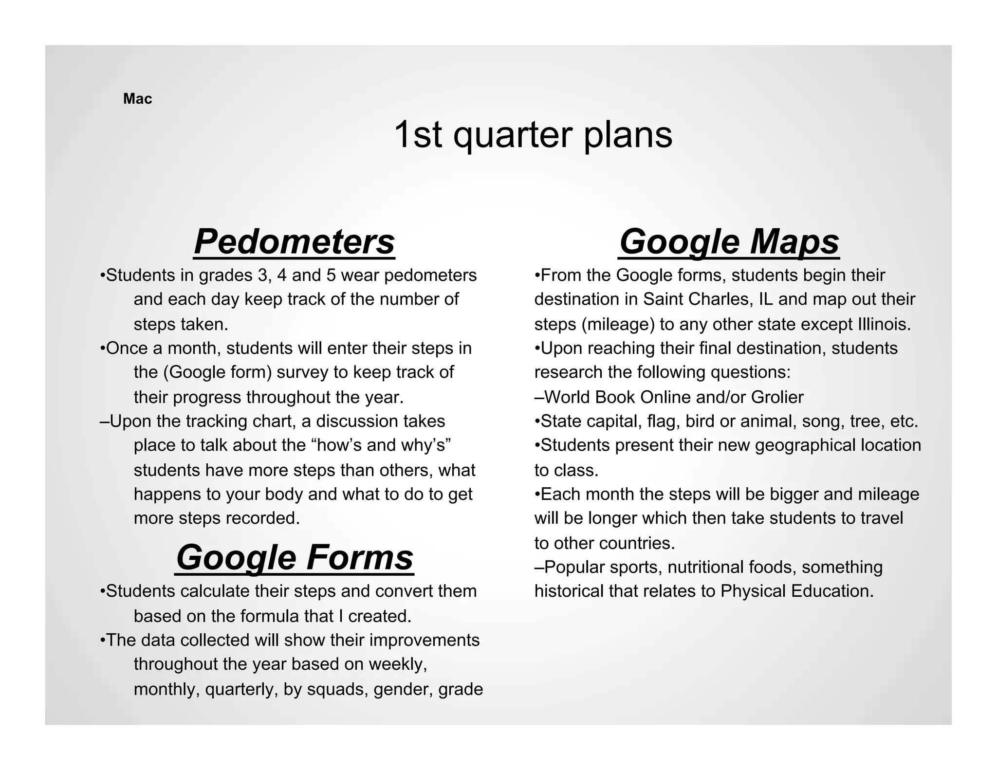 Mac

                                     1st quarter plans

            Pedometers                                         Google Maps
•Students in grades 3, 4 and 5 wear pedometers      •From the Google forms, students begin their
    and each day keep track of the number of        destination in Saint Charles, IL and map out their
    steps taken.                                    steps (mileage) to any other state except Illinois.
•Once a month, students will enter their steps in   •Upon reaching their final destination, students
    the (Google form) survey to keep track of       research the following questions:
    their progress throughout the year.             –World Book Online and/or Grolier
–Upon the tracking chart, a discussion takes        •State capital, flag, bird or animal, song, tree, etc.
    place to talk about the “how’s and why’s”       •Students present their new geographical location
    students have more steps than others, what      to class.
    happens to your body and what to do to get      •Each month the steps will be bigger and mileage
    more steps recorded.                            will be longer which then take students to travel
                                                    to other countries.
         Google Forms                               –Popular sports, nutritional foods, something
•Students calculate their steps and convert them    historical that relates to Physical Education.
    based on the formula that I created.
•The data collected will show their improvements
    throughout the year based on weekly,
    monthly, quarterly, by squads, gender, grade
 