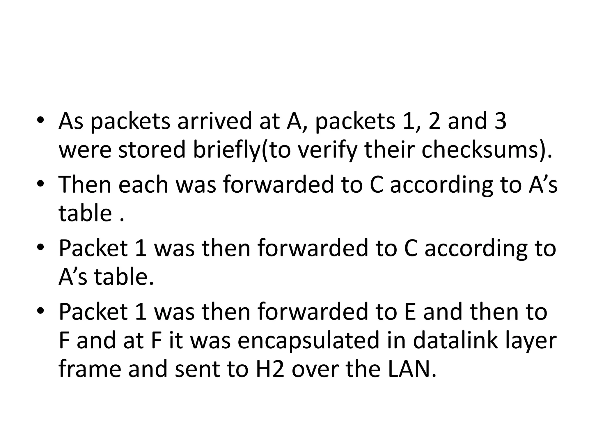 Assume that message is four times longer than maximum packet size.The Network layer breaks it into four packets 1, 2 ,3 and 4 and sends all to router A using point-to-point protocol.At this point carrier takes over.Every router has an internal table that tells where to send packets for each possible destinations. 