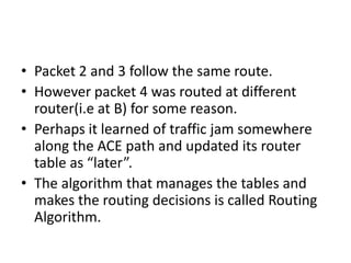 Each table entry is a pair consisting of a destination and the outgoing line to use for that destination.Only directly connected lines can be used.For eg: A has only two outgoing lines - to B and C - so every incoming packet must be sent to one of these routers, even if ultimate destination is some other router.