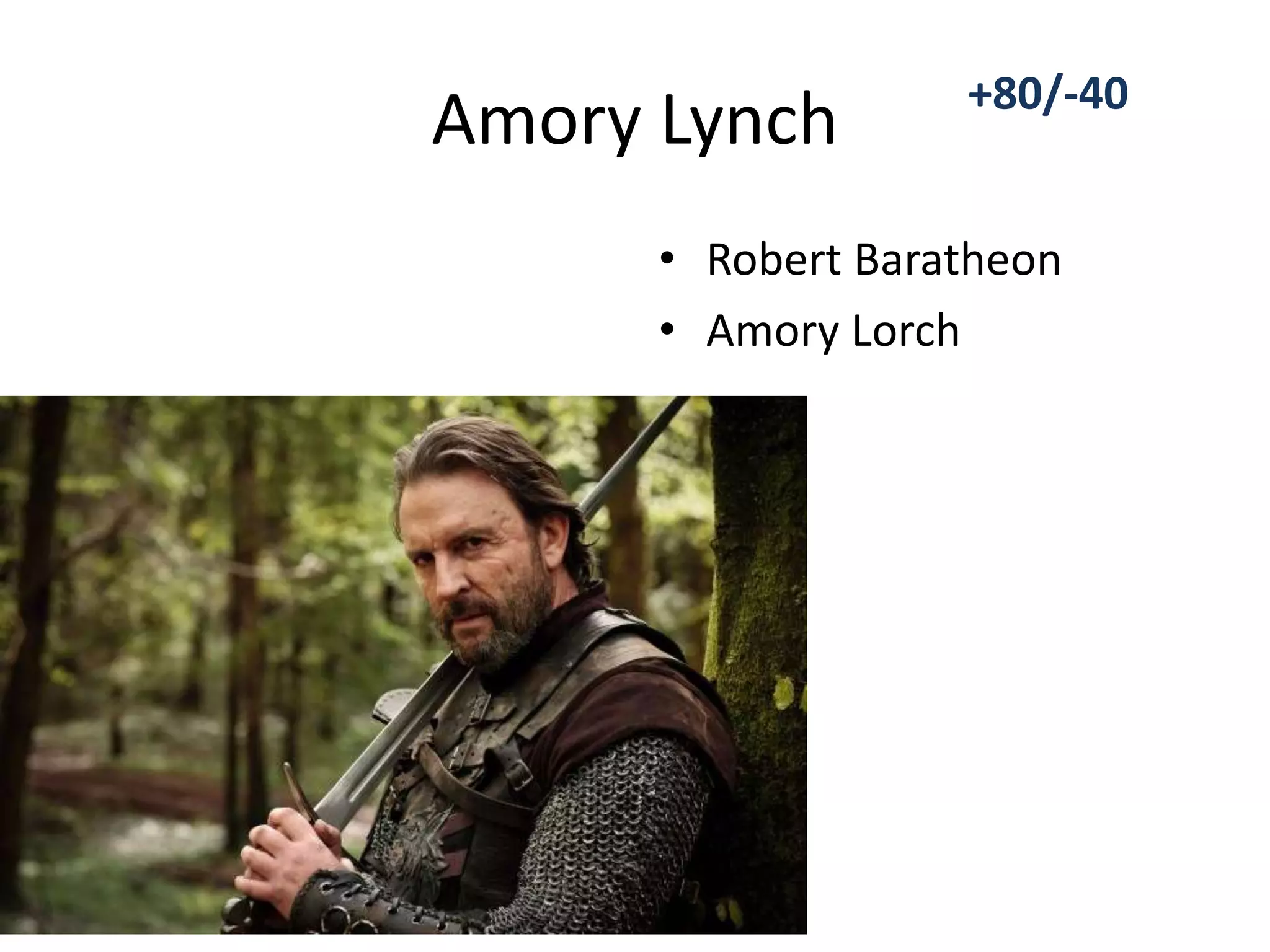 Amory Lynch
• Robert Baratheon
• Amory Lorch
+80/-40
 