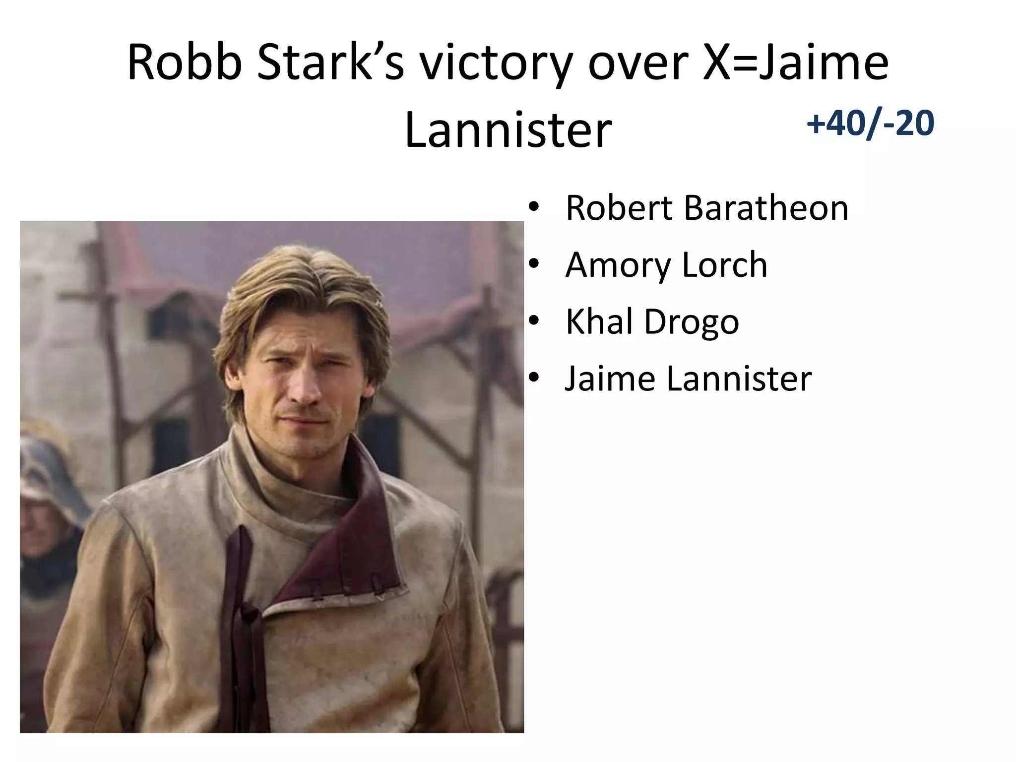 Robb Stark’s victory over X=Jaime
Lannister
• Robert Baratheon
• Amory Lorch
• Khal Drogo
• Jaime Lannister
+40/-20
 
