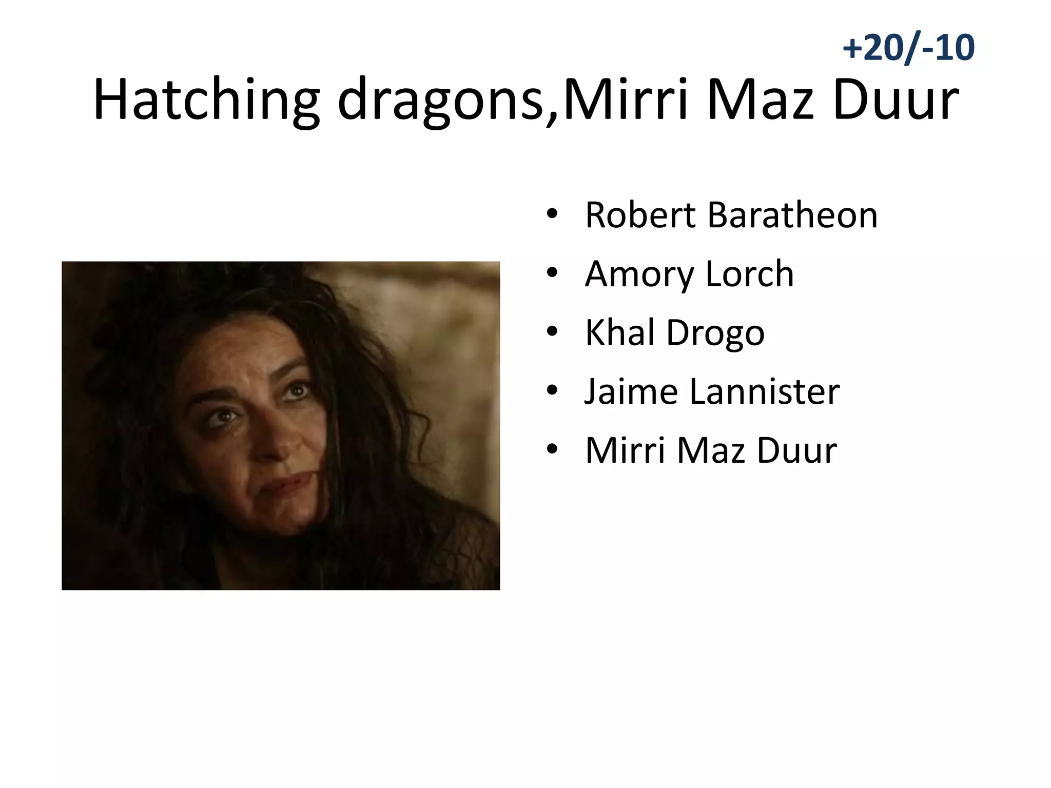 Hatching dragons,Mirri Maz Duur
• Robert Baratheon
• Amory Lorch
• Khal Drogo
• Jaime Lannister
• Mirri Maz Duur
+20/-10
 