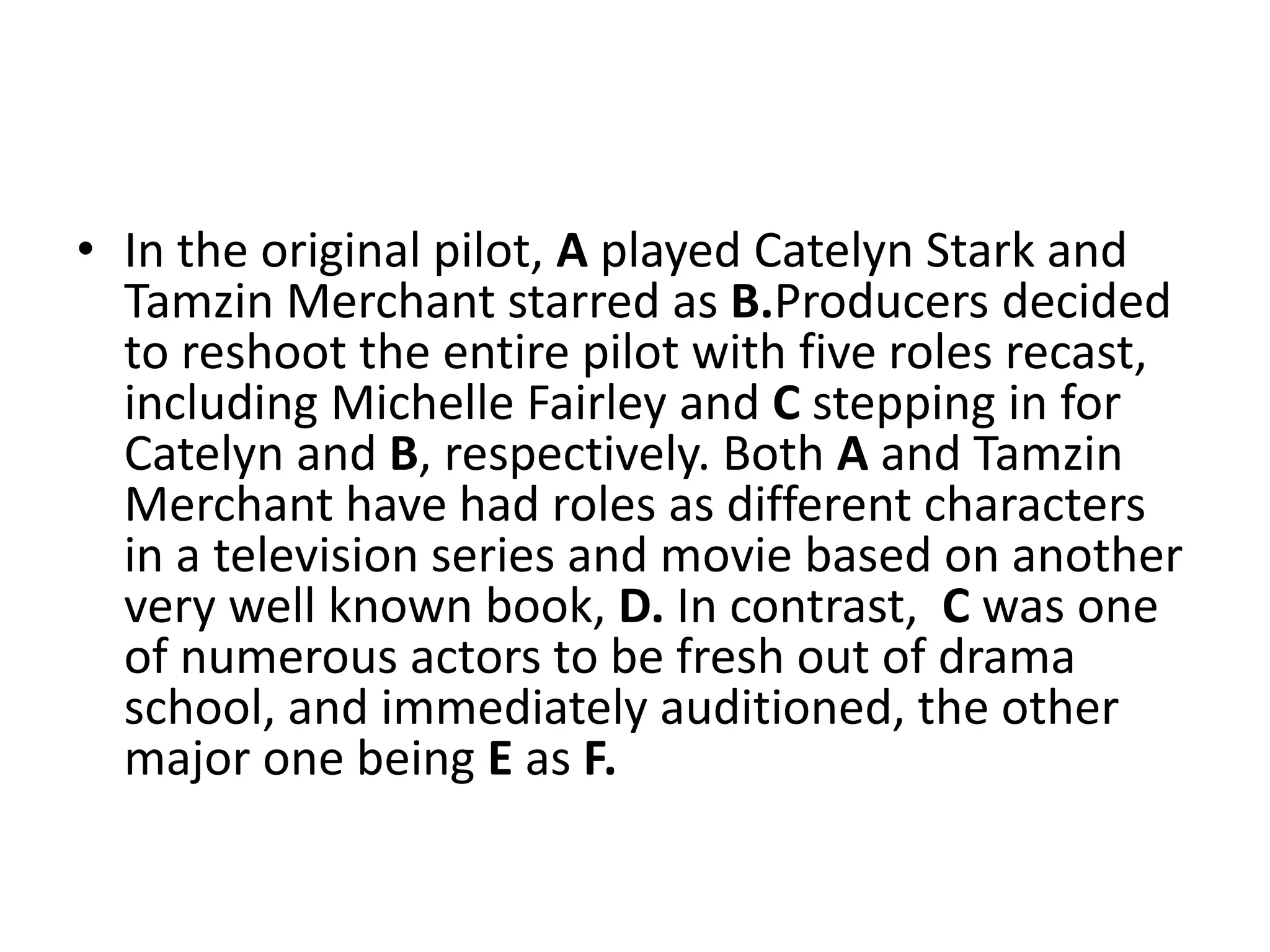 • In the original pilot, A played Catelyn Stark and
Tamzin Merchant starred as B.Producers decided
to reshoot the entire pilot with five roles recast,
including Michelle Fairley and C stepping in for
Catelyn and B, respectively. Both A and Tamzin
Merchant have had roles as different characters
in a television series and movie based on another
very well known book, D. In contrast, C was one
of numerous actors to be fresh out of drama
school, and immediately auditioned, the other
major one being E as F.
 