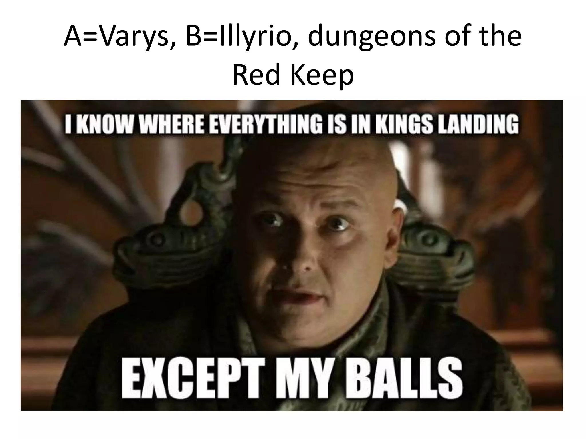 A=Varys, B=Illyrio, dungeons of the
Red Keep
 