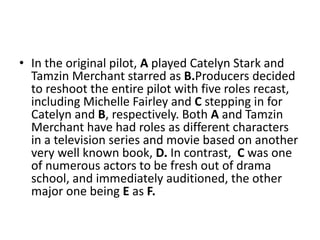 • In the original pilot, A played Catelyn Stark and
Tamzin Merchant starred as B.Producers decided
to reshoot the entire pilot with five roles recast,
including Michelle Fairley and C stepping in for
Catelyn and B, respectively. Both A and Tamzin
Merchant have had roles as different characters
in a television series and movie based on another
very well known book, D. In contrast, C was one
of numerous actors to be fresh out of drama
school, and immediately auditioned, the other
major one being E as F.
 