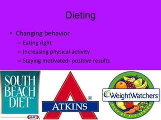 Dieting
• Changing behavior
  – Eating right
  – Increasing physical activity
  – Staying motivated- positive results
 