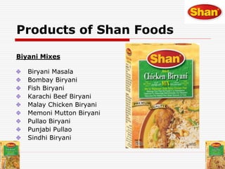 Products of Shan Foods
Biyani Mixes
Biryani Masala
Bombay Biryani
Fish Biryani
Karachi Beef Biryani
Malay Chicken Biryani
Memoni Mutton Biryani
Pullao Biryani
Punjabi Pullao
Sindhi Biryani
 