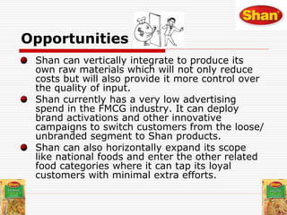Opportunities
Shan can vertically integrate to produce its
own raw materials which will not only reduce
costs but will also provide it more control over
the quality of input.
Shan currently has a very low advertising
spend in the FMCG industry. It can deploy
brand activations and other innovative
campaigns to switch customers from the loose/
unbranded segment to Shan products.
Shan can also horizontally expand its scope
like national foods and enter the other related
food categories where it can tap its loyal
customers with minimal extra efforts.
 
