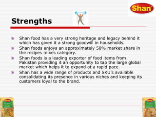 Weaknesses
Shan is not present in Jams and marmalades,
Ketchups categories like National foods thereby
loosing an opportun...