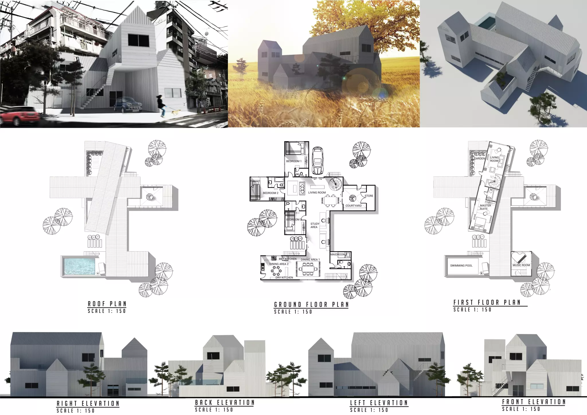 R O O F P L A N
S C A L E 1 : 1 5 0
G R O U N D F L O O R P L A N
S C A L E 1 : 1 5 0
F I R S T F L O O R P L A N
S C A L E 1 : 1 5 0
r i g h t e l e v a t i o n
S C A L E 1 : 1 5 0
l e f t e l e v a t i o n
S C A L E 1 : 1 5 0
f r o n t e l e v a t i o n
S C A L E 1 : 1 5 0
b a c k e l e v a t i o n
S C A L E 1 : 1 5 0
BEDROOM 1
BEDROOM 2
BEDROOM 3
MAIDROOM 1
COURTYARD
LIVING ROOM
STUDY
AREA
WET KITCHEN
DRY KITCHEN
DINING AREA 1
DINING AREA 2
STORE
MASTER
SUITE
LIVING
ROOM 2
MUSIC ROOMSWIMMING POOL
GARDEN
 