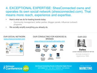 4. EXCEPTIONAL EXPERTISE: ShesConnected owns and
  operates its own social network (shesconnected.com). That
  means more reach, experience and expertise.
  •   Here’s what we do for leading brands today:
       – Community management, twitter parties, blogger panels, influencer outreach
          programs.
  •   We socially amplify everything you already do.



OUR SOCIAL NETWORK              OUR CONSULTING FOR AGENCIES &                         OUR CEO
www.shesconnected.com                       BRANDS
                                 www.shesconnectedmultimedia.com




                                                                                 Actively involved in
                                                                                  digital since 1995
 