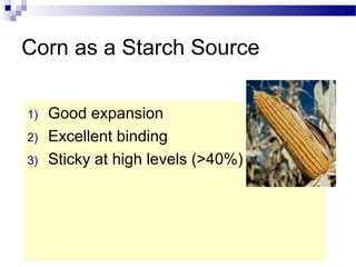 Corn as a Starch Source
1) Good expansion
2) Excellent binding
3) Sticky at high levels (>40%)
 