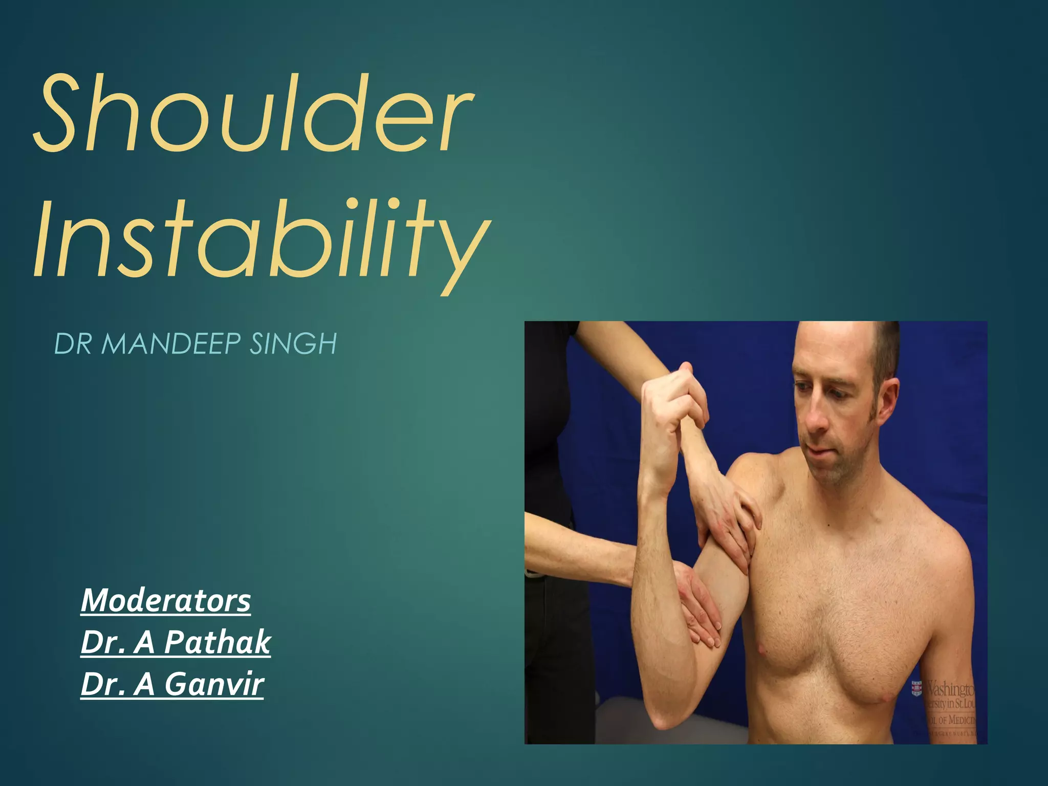 Shoulder 
Instability 
DR MANDEEP SINGH 
Moderators 
Dr. A Pathak 
Dr. A Ganvir 
 