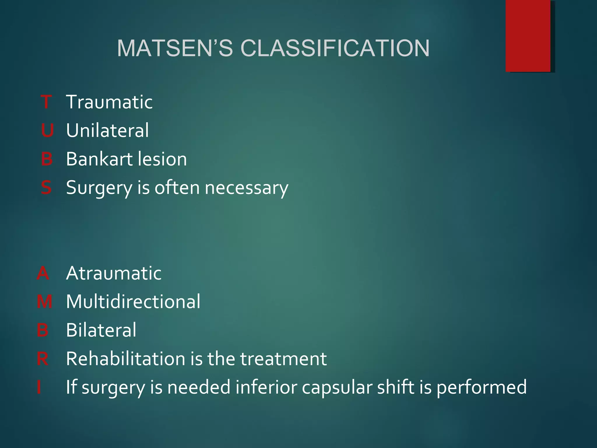 MATSEN’S CLASSIFICATION 
T Traumatic 
U Unilateral 
B Bankart lesion 
S Surgery is often necessary 
A Atraumatic 
M Multidirectional 
B Bilateral 
R Rehabilitation is the treatment 
I If surgery is needed inferior capsular shift is performed 
 