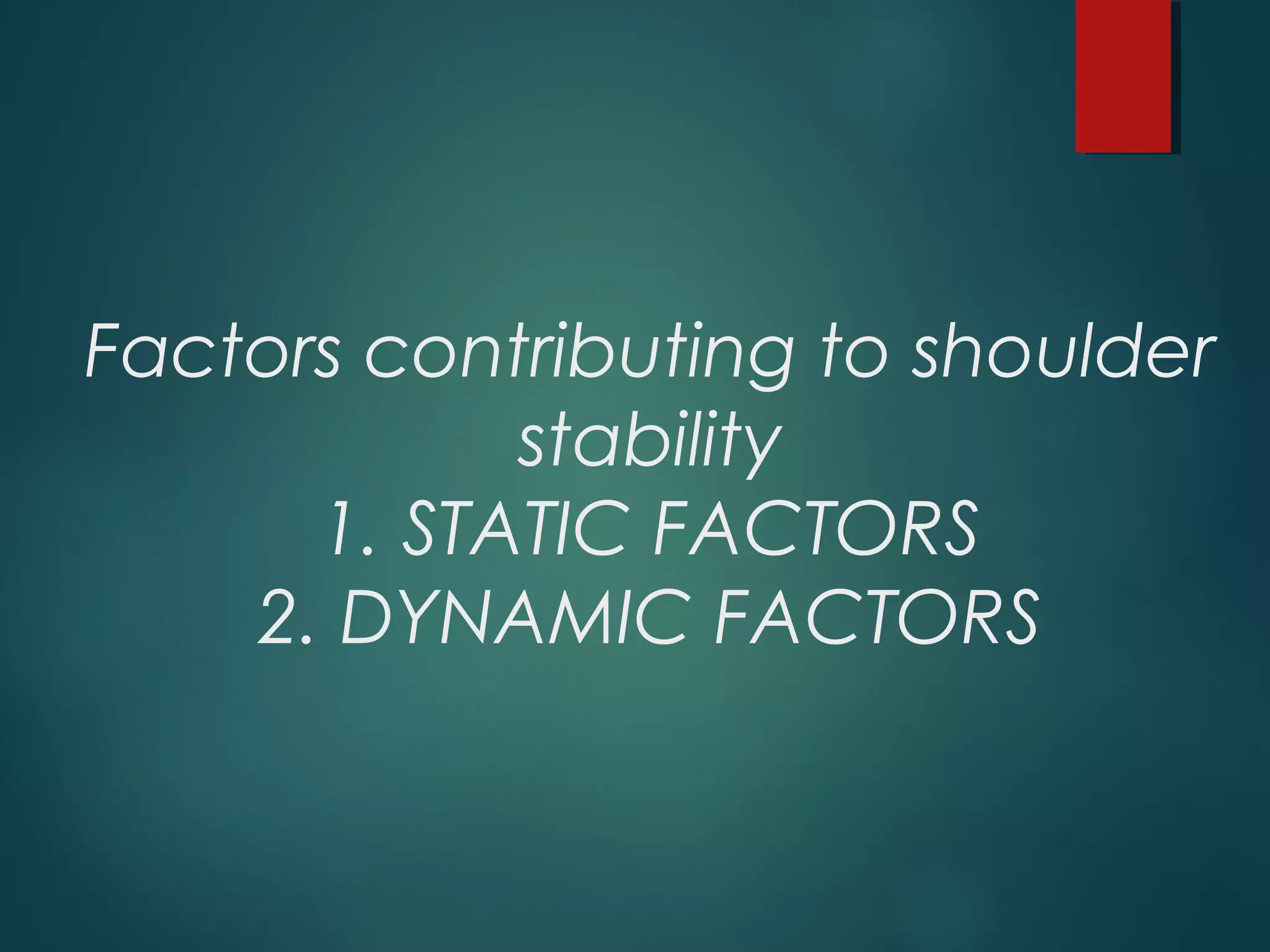 Factors contributing to shoulder 
stability 
1. STATIC FACTORS 
2. DYNAMIC FACTORS 
 