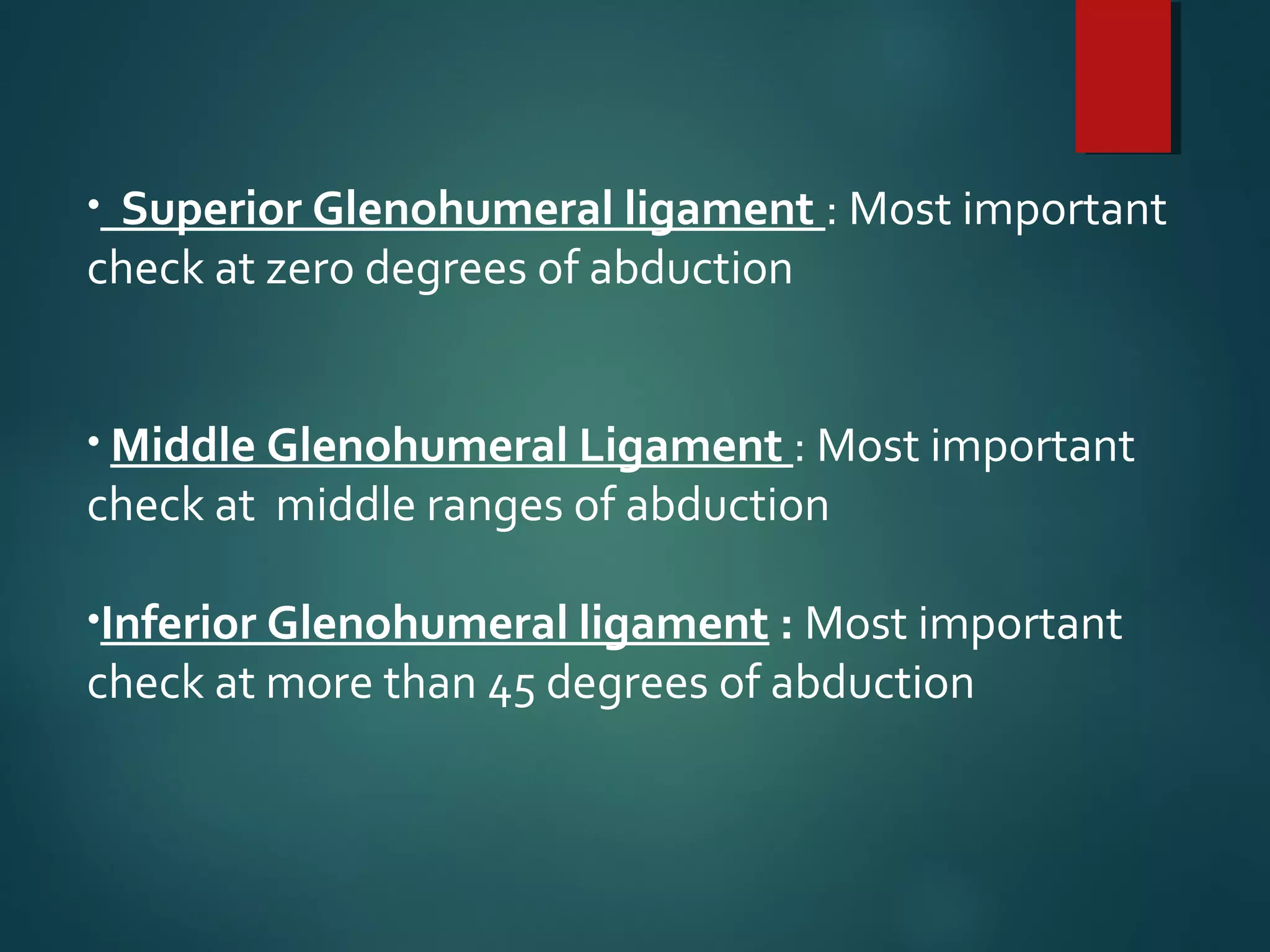 • Superior Glenohumeral ligament : Most important 
check at zero degrees of abduction 
• Middle Glenohumeral Ligament : Most important 
check at middle ranges of abduction 
•Inferior Glenohumeral ligament : Most important 
check at more than 45 degrees of abduction 
 