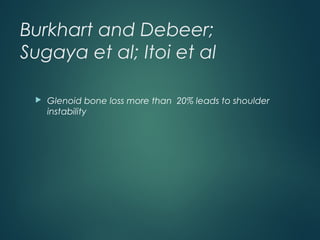 Burkhart and Debeer; 
Sugaya et al; Itoi et al 
 Glenoid bone loss more than 20% leads to shoulder 
instability 
 