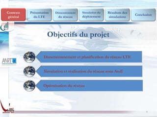 Contexte   Présentation   Dimensionnent   Simulation du   Résultats des
                                                                          Conclusion
 général     du LTE        du réseau      déploiement     simulations




                      Objectifs du projet

                   Dimensionnement et planification du réseau LTE


                   Simulation et réalisation du réseau sous Atoll


                   Optimisation du réseau




                                                                                6
 
