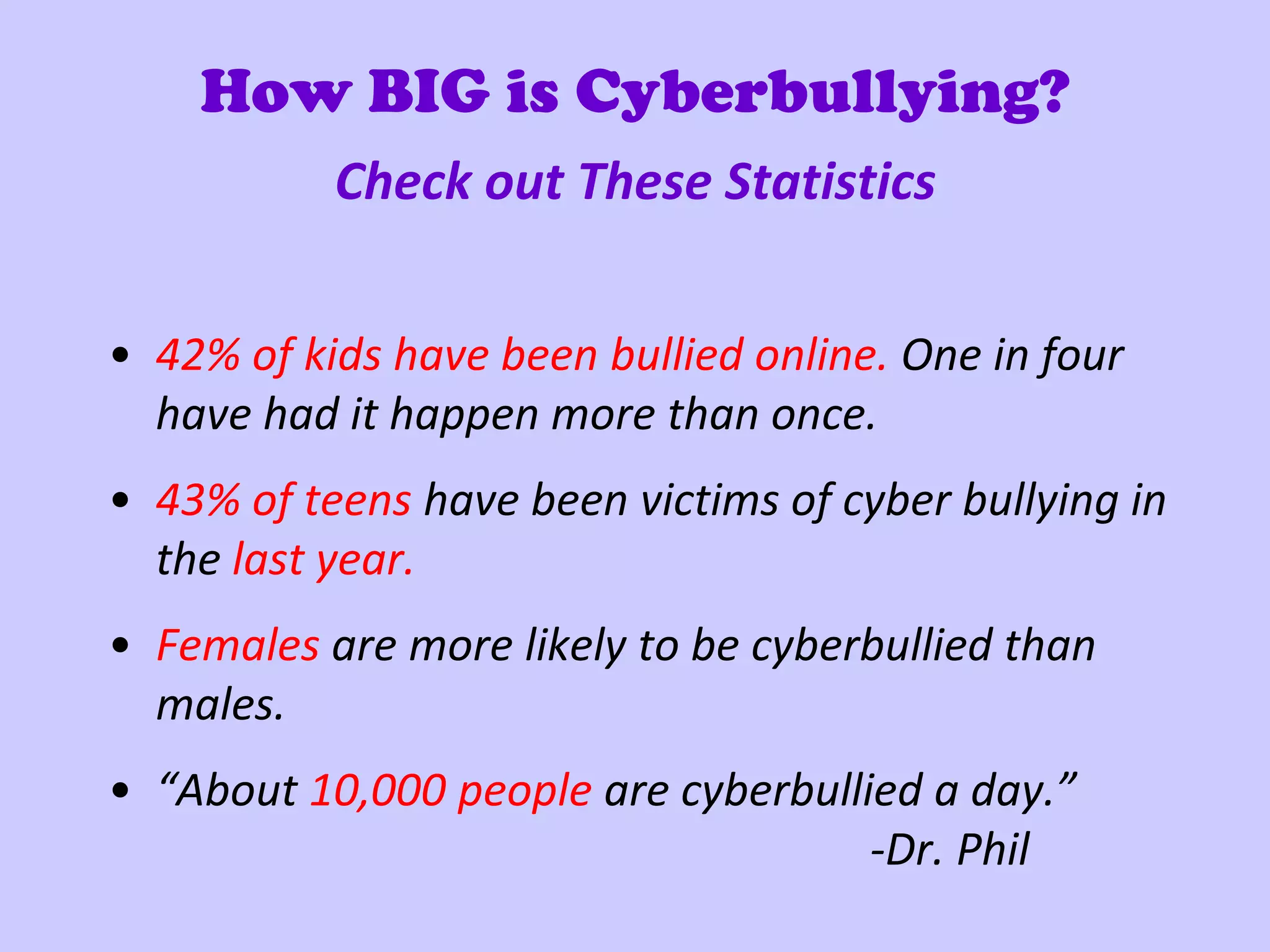 How BIG is Cyberbullying?
           Check out These Statistics


• 42% of kids have been bullied online. One in four
  have had it happen more than once.
• 43% of teens have been victims of cyber bullying in
  the last year.
• Females are more likely to be cyberbullied than
  males.
• “About 10,000 people are cyberbullied a day.”
                                     -Dr. Phil
 