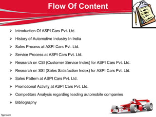 Flow Of Content

 Introduction Of ASPI Cars Pvt. Ltd.

 History of Automotive Industry In India

 Sales Process at ASPI Cars Pvt. Ltd.

 Service Process at ASPI Cars Pvt. Ltd.

 Research on CSI (Customer Service Index) for ASPI Cars Pvt. Ltd.

 Research on SSI (Sales Satisfaction Index) for ASPI Cars Pvt. Ltd.

 Sales Pattern at ASPI Cars Pvt. Ltd.

 Promotional Activity at ASPI Cars Pvt. Ltd.

 Competitors Analysis regarding leading automobile companies

 Bibliography
 