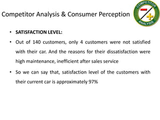 Competitor Analysis & Consumer Perception

  • SATISFACTION LEVEL:
  • Out of 140 customers, only 4 customers were not satisfied
    with their car. And the reasons for their dissatisfaction were
    high maintenance, inefficient after sales service

  • So we can say that, satisfaction level of the customers with
    their current car is approximately 97%
 