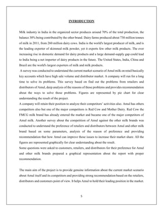 5
INTRODUCTION
Milk industry in India in the organized sector produces around 70% of the total production, the
balance 30% being contributed by the other brand. Dairy farms produced about 730 million tonnes
of milk in 2011, from 260 million dairy cows. India is the world's largest producer of milk, and is
the leading exporter of skimmed milk powder, yet it exports few other milk products. The ever
increasing rise in domestic demand for dairy products and a large demand-supply gap could lead
to India being a net importer of dairy products in the future. The United States, India, China and
Brazil are the world's largest exporters of milk and milk products.
A survey was conducted to understand the current market scenario of Amul milk on retail basically
key accounts which have high sale volume and distributor market. A company will run for a long
time to solve its problems. This survey based on find out the problems from retailers and
distributors of Amul, deep analysis of the reasons of those problems and provides recommendation
about the ways to solve those problems. Figures are represented by pie chart for clear
understanding the result of the project.
A company will retain their position to analyze their competitors’ activities also. Amul has others
competitors also but one of the major competitors is Red Cow and Mother Dairy. Red Cow the
FMCG milk brand has already entered the market and became one of the major competitors of
Amul milk. Another survey about the competition of Amul against the other milk brands was
conducted to understand the preference of retailers and distributors between Amul and other milk
brand based on some parameters, analysis of the reason of preference and providing
recommendation that how Amul can improve those issues to increase their market share. All the
figures are represented graphically for clear understanding about the result.
Some questions were asked to customers, retailers, and distributors for their preference for Amul
and other milk brands prepared a graphical representation about the report with proper
recommendation.
The main aim of the project is to provide genuine information about the current market scenario
about Amul itself and its competitors and providing strong recommendation based on the retailers,
distributors and customers point of view. It helps Amul to hold their leading position in the market.
 