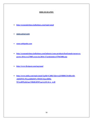 58
BIBLIOGRAPHY
 http://economictimes.indiatimes.com/topic/amul
 www.amul.com
 www.wikipedia.com
 http://economictimes.indiatimes.com/industry/cons-products/food/amuls-turnover-
grows-18-to-rs-27085-crore-in-2016-17/articleshow/57963480.cms
 http://www.firstpost.com/tag/amul
 http://www.india.com/topic/amul/?gclid=Cj0KCQjwwqXMBRCDARIsAD-
AQ2hWEv5GszzK8jSl4VyMSElUZjawRDlj-
W3xcl09XeKGpwN8b8GDMVgaAvj1EALw_wcB
 