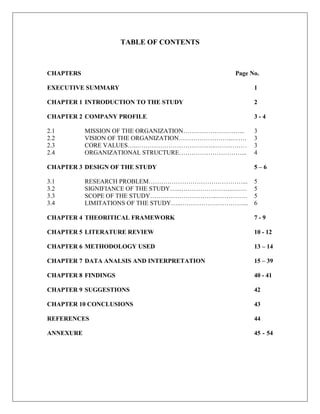 vi
TABLE OF CONTENTS
CHAPTERS Page No.
EXECUTIVE SUMMARY 1
CHAPTER 1 INTRODUCTION TO THE STUDY 2
CHAPTER 2 COMPANY PROFILE 3 - 4
2.1 MISSION OF THE ORGANIZATION………………………... 3
2.2 VISION OF THE ORGANIZATION……………………..……. 3
2.3 CORE VALUES…..………………………………..…………… 3
2.4 ORGANIZATIONAL STRUCTURE…………………………... 4
CHAPTER 3 DESIGN OF THE STUDY 5 – 6
3.1 RESEARCH PROBLEM………………………………………... 5
3.2 SIGNIFIANCE OF THE STUDY…..……………………..……. 5
3.3 SCOPE OF THE STUDY…………………………..…………… 5
3.4 LIMITATIONS OF THE STUDY…..…………………………... 6
CHAPTER 4 THEORITICAL FRAMEWORK 7 - 9
CHAPTER 5 LITERATURE REVIEW 10 - 12
CHAPTER 6 METHODOLOGY USED 13 – 14
CHAPTER 7 DATA ANALSIS AND INTERPRETATION 15 – 39
CHAPTER 8 FINDINGS 40 - 41
CHAPTER 9 SUGGESTIONS 42
CHAPTER 10 CONCLUSIONS 43
REFERENCES 44
ANNEXURE 45 - 54
 