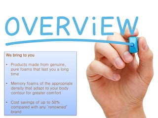 We bring to you
• Products made from genuine,
pure foams that last you a long
time
• Memory foams of the appropriate
density that adapt to your body
contour for greater comfort
• Cost savings of up to 50%
compared with any ‘renowned’
brand
 