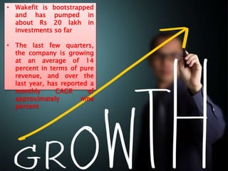 • Wakefit is bootstrapped
and has pumped in
about Rs 20 lakh in
investments so far
• The last few quarters,
the company is growing
at an average of 14
percent in terms of pure
revenue, and over the
last year, has reported a
monthly CAGR of
approximately nine
percent
 