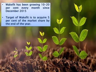• Wakefit has been growing 10-20
per cent every month since
December 2015
• Target of Wakefit is to acquire 5
per cent of the market share by
the end of the year.
 