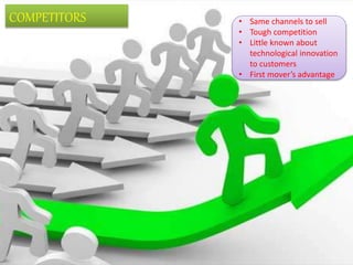 COMPETITORS • Same channels to sell
• Tough competition
• Little known about
technological innovation
to customers
• First mover’s advantage
 