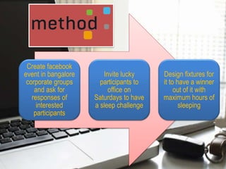 Create facebook
event in bangalore
corporate groups
and ask for
responses of
interested
participants
Invite lucky
participants to
office on
Saturdays to have
a sleep challenge
Design fixtures for
it to have a winner
out of it with
maximum hours of
sleeping
 