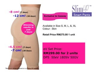 -8 cm! (7 days)
Slimming
results in
just
7 days!
-12 cm! (28 days)
Smart PantsSmart PantsSmart PantsSmart PantsExclusive to Cosway
Available in Size S, M, L, &, XL
Colour : Skin
Retail Price RM275.00 1 unit
-4.5 cm! (7 days)
*Maximum values obtained on a panel of 89 women
-7 cm! (28 days)
eV Set Price:
RM299.00 for 2 units
DP5 50eV 180SV 50GV
 