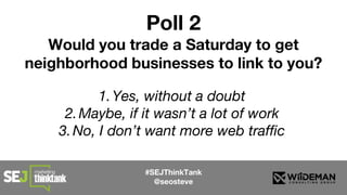 1.Yes, without a doubt
2.Maybe, if it wasn’t a lot of work
3.No, I don’t want more web traffic
#SEJThinkTank
@seosteve
Poll 2
Would you trade a Saturday to get
neighborhood businesses to link to you?
 