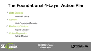 #SEJThinkTank
@seosteve
The Foundational 4-Layer Action Plan
 Data Sources
Accuracy & Integrity
 Content
City & Property Level Templates
 Profiles & Citations
Regional & Industry
 Online Reputation
Ratings & Reviews
 