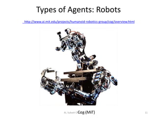 Types of Agents: Robots
http://www.ai.mit.edu/projects/humanoid-robotics-group/cog/overview.html
Cog (MIT) 11AI, Subash Chandra Pakhrin
 