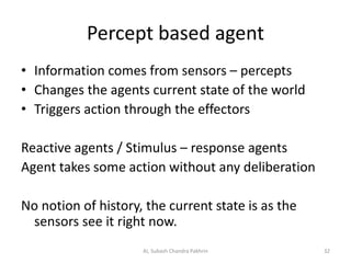 Percept based agent
• Information comes from sensors – percepts
• Changes the agents current state of the world
• Triggers action through the effectors
Reactive agents / Stimulus – response agents
Agent takes some action without any deliberation
No notion of history, the current state is as the
sensors see it right now.
32AI, Subash Chandra Pakhrin
 