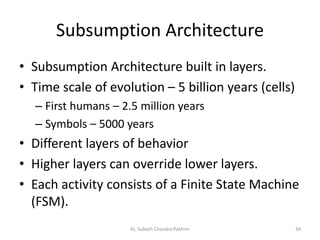 Subsumption Architecture
• Subsumption Architecture built in layers.
• Time scale of evolution – 5 billion years (cells)
– First humans – 2.5 million years
– Symbols – 5000 years
• Different layers of behavior
• Higher layers can override lower layers.
• Each activity consists of a Finite State Machine
(FSM).
34AI, Subash Chandra Pakhrin
 
