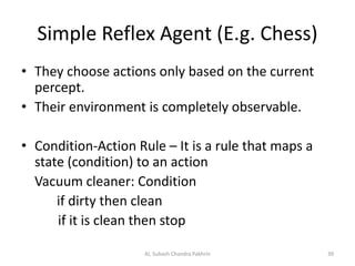 Simple Reflex Agent (E.g. Chess)
• They choose actions only based on the current
percept.
• Their environment is completely observable.
• Condition-Action Rule – It is a rule that maps a
state (condition) to an action
Vacuum cleaner: Condition
if dirty then clean
if it is clean then stop
AI, Subash Chandra Pakhrin 39
 