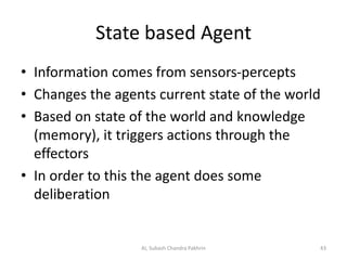 State based Agent
• Information comes from sensors-percepts
• Changes the agents current state of the world
• Based on state of the world and knowledge
(memory), it triggers actions through the
effectors
• In order to this the agent does some
deliberation
43AI, Subash Chandra Pakhrin
 
