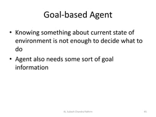 Goal-based Agent
• Knowing something about current state of
environment is not enough to decide what to
do
• Agent also needs some sort of goal
information
AI, Subash Chandra Pakhrin 45
 