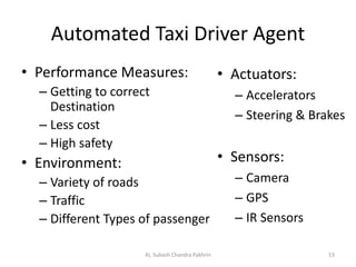 Automated Taxi Driver Agent
• Performance Measures:
– Getting to correct
Destination
– Less cost
– High safety
• Environment:
– Variety of roads
– Traffic
– Different Types of passenger
AI, Subash Chandra Pakhrin 53
• Actuators:
– Accelerators
– Steering & Brakes
• Sensors:
– Camera
– GPS
– IR Sensors
 
