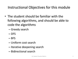 Instructional Objectives for this module
• The student should be familiar with the
following algorithms, and should be able to
code the algorithms
– Greedy search
– DFS
– BFS
– Uniform cost search
– Iterative deepening search
– Bidirectional search
2AI, Subash Chandra Pakhrin
 